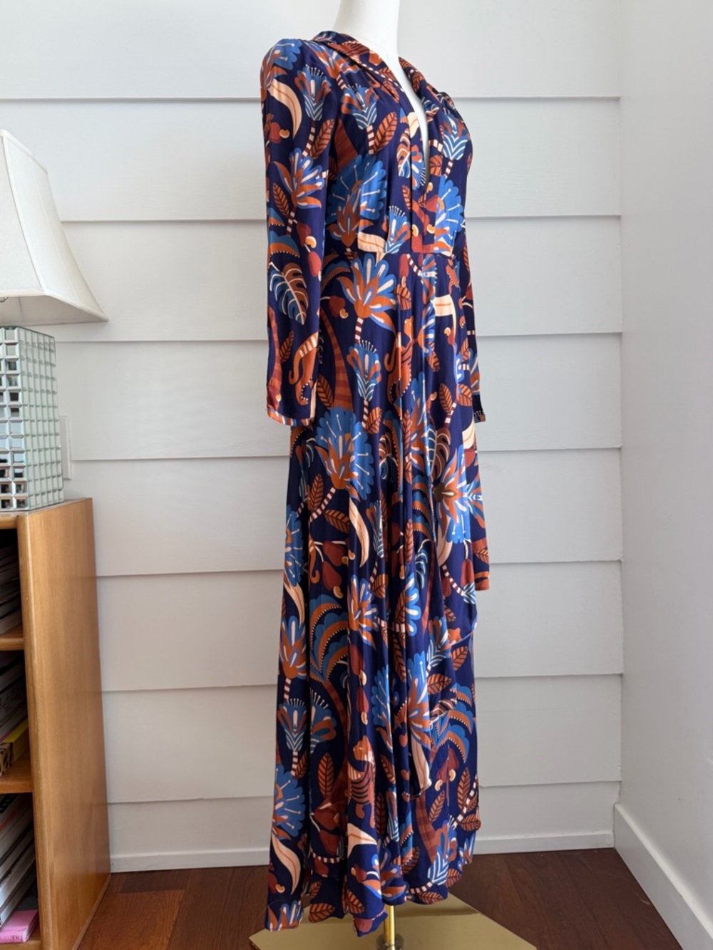 Farm Rio Blue Nature Beauty Long Sleeve V-Neck Maxi Dress size S - Picture 3 of 10